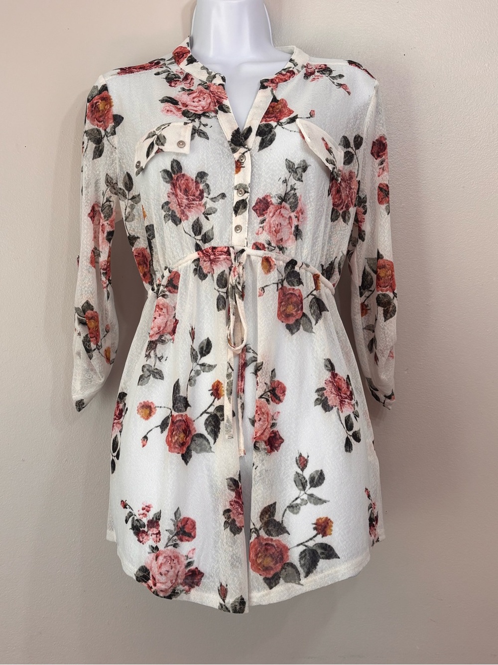 Small Maternity Floral Tie-Waist Tunic Top - White with Pink Rose Print